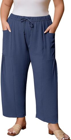 Flygo Plus Size Pants for Women Summer Casual Wide Leg Palazzo Pants Baggy Trousers with Pockets in Saudi Arabia