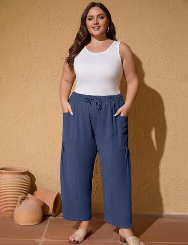 Flygo Plus Size Pants for Women Summer Casual Wide Leg Palazzo Pants Baggy Trousers with Pockets in Saudi Arabia