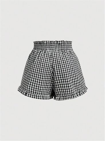 OYOANGLE Women's Plus Size Plaid Ruffle Hem Shorts Elastic Waist Y2K Wide Leg Shorts in Saudi Arabia