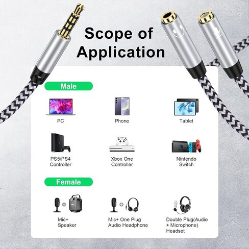 Headphone Splitter Cable 3.5mm Male to 2 Dual 3.5mm Female Headphone Jack Adapter Audio Stereo Y Splitters Adapter Hi-Fi Sound Aux Extension Cable for Earphone Phone PS5 PS4 Switch Tablets and More in Kuwait