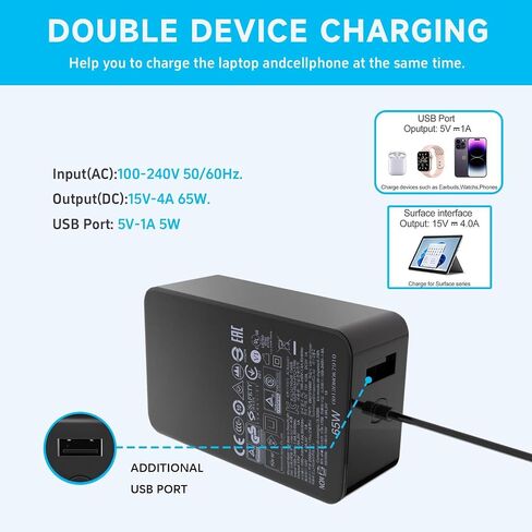 65W Surface Pro Charger Replacement Fit for Microsoft Surface Pro 3/4/5/6/7/8/9/X, AC Adapter Power Supply for Surface Laptop 5 4 3 2 1 Surface Go 1 2 3, Surface Book 3 2 1 Power Supply Cord in Kuwait