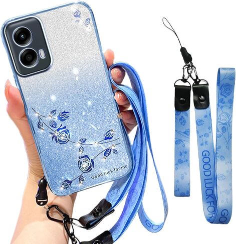 for Motorola Moto G-Stylus-5G-2024 Case Glitter with Crossbody Lanyard for Women, Bling Sparkle Flowers Floral Soft TPU Clear Cover with Wrist Strap for Moto G Stylus 5G 2024 YSS Pink in Kuwait