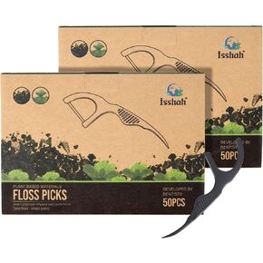 Natural Dental Floss Picks (100 Count) - Vegan, Eco Friendly, Sustainable Dental Flossers - Twin Floss (Charcoal)