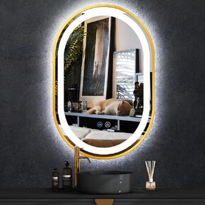 16 x 24 Inch Gold Oval LED Vanity Mirror with Lights Gold Frame Oval Lighted Mirror for Bathroom Wall LED Oval Mirror with Lights Anti-Fog 3 Color Dimmable 24 Gold Oval Smart Light up Mirror