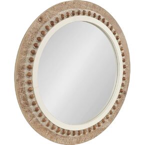 Kate and Laurel Maddigan Rustic Beaded Round Mirror, 28 Inch Diameter, Rustic Brown and White, Decorative Farmhouse Circle Mirror with Distressed Finish
