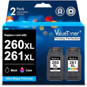 مجموعة خراطيش حبر Valuetoner 260XL و261XL بديلة لخراطيش حبر Canon 260 و261 PG-260 CL-261 تعمل مع Canon TS6420a TS6420 TS6400 TR7020 TR7020a TS5320 (1 أسود، 1 ثلاثي الألوان)