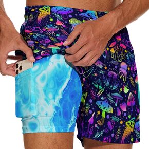 Mens Running Shorts 2 in 1 Pattern 5 Inch Workout Gym Shorts Casual Summer Beach Swim Trunks with Pockets