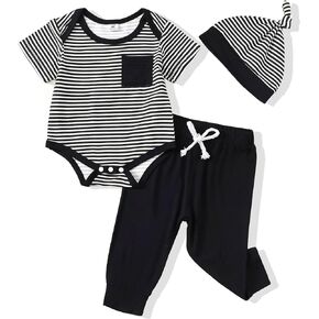 Mikrdoo Newborn Baby Boy Clothes - Rayon Derived from Bamboo Summer Outfits, Short Sleeve Romper Top Pants Set for Boy 0M-18M