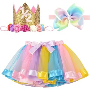 BGFKS Newborn Baby Girls 1/2st Birthday Photography Outfit Sets,Half Birthday Layered Rainbow Tutu Skirt with Crown