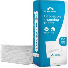 KinderSense® Disposable Changing Pads for Baby Diaper (100 Sheets) | Portable Changing Pad Liners (23" x 17.5") | Paper Top Layer - Waterproof Bottom Layer | Leak Proof Infant Changing Mat