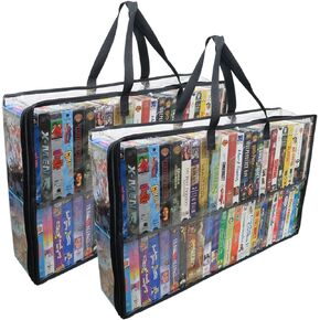 Evelots 2 Pack-VHS Movie Tape Storage Bag/Case, Clear PVC Plastic-Holds 100 Total, Strong Handles-No Dirt/Moisture/Dust