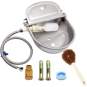 Automatic Animal Drinking Water Bowl with Float Valve and Drainage Hole, 304 Stainless Steel Livestock Dispenser Waterer Kits Included Water Hose, 3/4''Adaptor, Float Valves Mounting Bolts (1 Set)