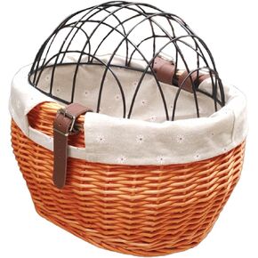 Wicker Bike Basket for Small Dogs Cats Pet Carrier Front Basket with Wire Mesh Cover (Honey color)