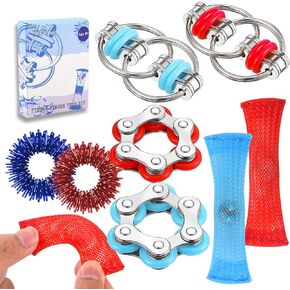8Pcs Sensory Fidget Toys with Fidget Spinner Anxiety Toys Acupressure Rings Bike Chain Marble Mesh and Flippy Chain Desk Fidgets Quiet Toys for Autism,Easter Toys for Teens Adults Boys & Girls