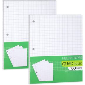Graph Paper, Filler Paper Loose leaf Graph Paper - 8" x 10.5" - Graph Ruled, 4x4 Quad Ruled Notebook Paper, 3 Hole Punched Loose leaf Papers for 3 Ring Binders - 100 Sheets per Pack (2 Pack)