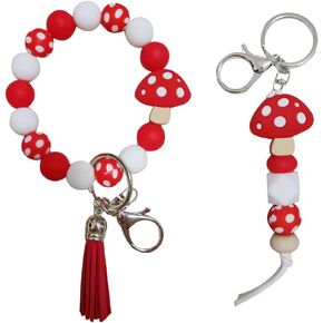 Mushroom Keychain Wristlet Silione Beaded Keychains Mushroom Wristlet Keyring Gifts for Girls Women Boys 2 Pack