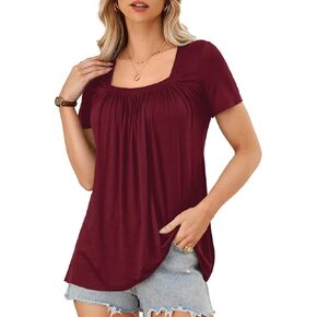 Amoretu Women Summer Tunic Tops Short Sleeve Square Neck Shirts Pleated Loose Fit Tee Blouse in Kuwait