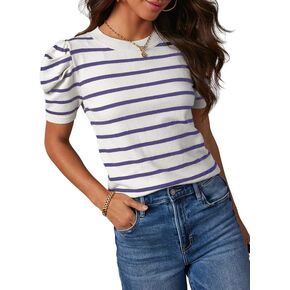 Dokotoo Women's Short Puff Sleeve Knit Tops 2024 Trendy Crewneck Striped T Shirts Casual Summer Blouses