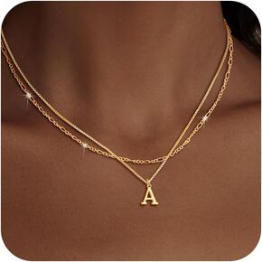 Gold Necklace for Women Trendy, 14K Real Gold Plated Layered Letter A-Z Pendant Necklaces Monogram Name Layering Choker Necklace Stack Cute Tiny Gold Jewelry Sets for Women Girls Easter Gifts