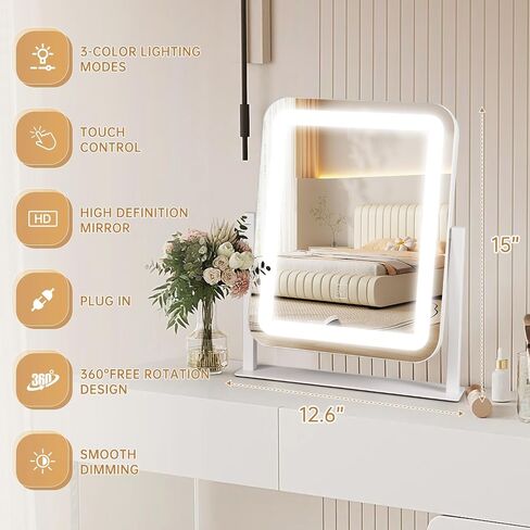 مرآة مكياج مقاس 15 × 12.6 بوصة مع ضوء، مرآة باعثة للضوء LED، تحكم ذكي باللمس، تعتيم 3 ألوان، دوران 360 درجة، غرفة نوم مكياج مع مرآة مكياج خفيفة، مرآة تزيين in Saudi Arabia