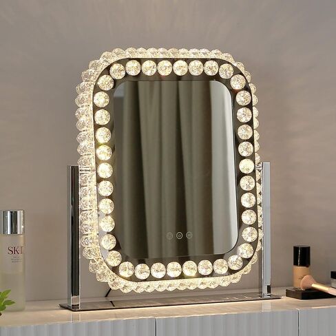 Oval Crystal Vanity Mirror with Lights Large Lighted Mirror Tabletop Makeup Mirror for Bedroom Hollywood Smart Desk Mirror with Touch Lights Plug-in LED Mirror with 3 Color Lights 360°Rotating in Saudi Arabia