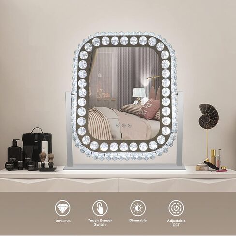 Oval Crystal Vanity Mirror with Lights Large Lighted Mirror Tabletop Makeup Mirror for Bedroom Hollywood Smart Desk Mirror with Touch Lights Plug-in LED Mirror with 3 Color Lights 360°Rotating in Saudi Arabia