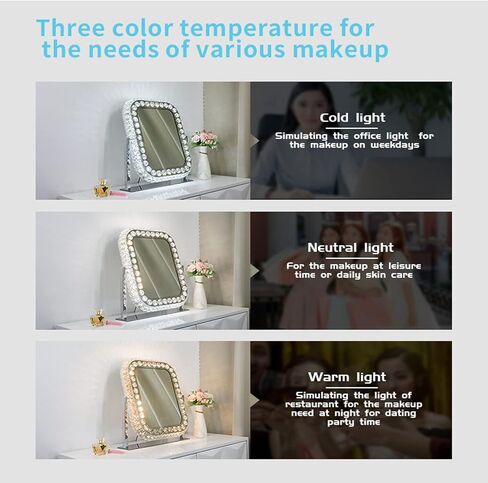 Oval Crystal Vanity Mirror with Lights Large Lighted Mirror Tabletop Makeup Mirror for Bedroom Hollywood Smart Desk Mirror with Touch Lights Plug-in LED Mirror with 3 Color Lights 360°Rotating in Saudi Arabia