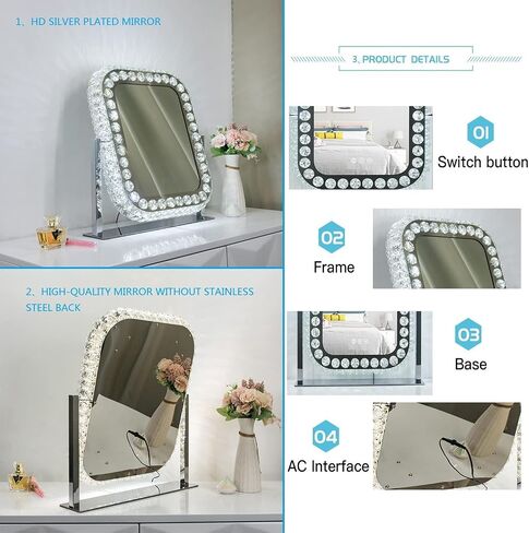 Oval Crystal Vanity Mirror with Lights Large Lighted Mirror Tabletop Makeup Mirror for Bedroom Hollywood Smart Desk Mirror with Touch Lights Plug-in LED Mirror with 3 Color Lights 360°Rotating in Saudi Arabia