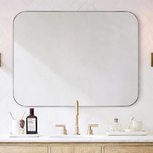 24x36'' Brushed Nickel Rounded Rectangle Bathroom Vanity Wall Mirror Silver Stainless Steel Metal FramedRectangular Bathroom Mirror, Vertical and Horizontal Hanging in Saudi Arabia
