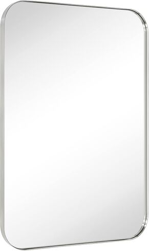 24x36'' Brushed Nickel Rounded Rectangle Bathroom Vanity Wall Mirror Silver Stainless Steel Metal FramedRectangular Bathroom Mirror, Vertical and Horizontal Hanging in Saudi Arabia