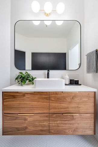 24x36'' Brushed Nickel Rounded Rectangle Bathroom Vanity Wall Mirror Silver Stainless Steel Metal FramedRectangular Bathroom Mirror, Vertical and Horizontal Hanging in Saudi Arabia