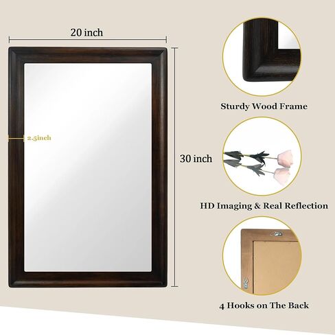 مرآة بإطار خشبي للحمام، مرآة ريفية مستطيلة مقاس 24 × 36 بوصة للجدار، مرآة معلقة خشبية مثبتة على الحائط للمدخل أو غرفة النوم أو غرفة المعيشة (الجوز الداكن) in Kuwait