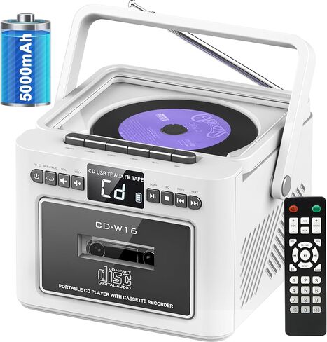 مشغل أقراص مضغوطة Boombox، مجموعة مشغل أقراص كاسيت مع بلوتوث، مكبرات صوت HiFi بقدرة 10 وات، بطارية مدمجة قابلة لإعادة الشحن بقدرة 5000 مللي أمبير في الساعة، راديو FM، تسجيل الشريط، جهاز التحكم عن بعد، USB/AUX/Micro SD/3.5 ملم سماعة رأس للمنزل in Kuwait