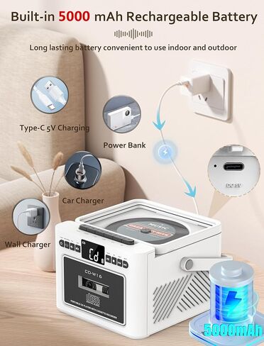 مشغل أقراص مضغوطة Boombox، مجموعة مشغل أقراص كاسيت مع بلوتوث، مكبرات صوت HiFi بقدرة 10 وات، بطارية مدمجة قابلة لإعادة الشحن بقدرة 5000 مللي أمبير في الساعة، راديو FM، تسجيل الشريط، جهاز التحكم عن بعد، USB/AUX/Micro SD/3.5 ملم سماعة رأس للمنزل in Kuwait