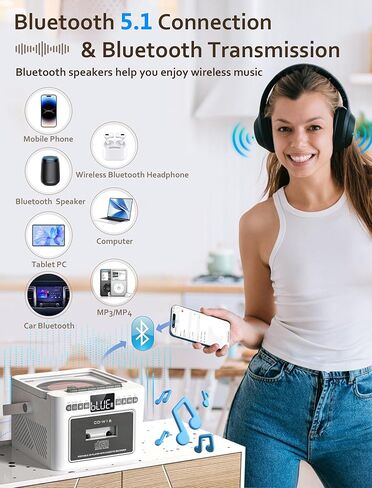 مشغل أقراص مضغوطة Boombox، مجموعة مشغل أقراص كاسيت مع بلوتوث، مكبرات صوت HiFi بقدرة 10 وات، بطارية مدمجة قابلة لإعادة الشحن بقدرة 5000 مللي أمبير في الساعة، راديو FM، تسجيل الشريط، جهاز التحكم عن بعد، USB/AUX/Micro SD/3.5 ملم سماعة رأس للمنزل in Kuwait