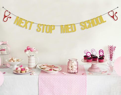 Next Stop Med School Banner, Congrats Doctor/Med School Survivor Cake Decor, Medical Degree Graduation Party Decoration Supplies, Congrats Doctor 2024 Graduate Decor Gold Red in Saudi Arabia