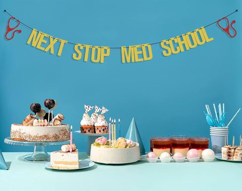 Next Stop Med School Banner, Congrats Doctor/Med School Survivor Cake Decor, Medical Degree Graduation Party Decoration Supplies, Congrats Doctor 2024 Graduate Decor Gold Red in Saudi Arabia