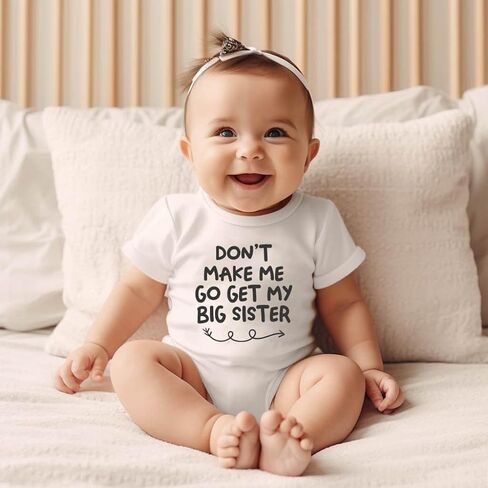 بدلة أطفال من Don't Make Me Go Get My Big Sister/Brother، هدية استحمام للرضع إعلانًا مضحكًا عن الحمل (0-6 أشهر، رومبر قصير الأكمام للأخت) in Kuwait
