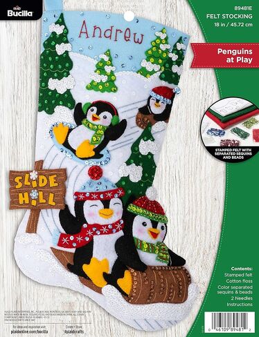Bucilla Felt Applique Stocking Kit, Penguins at Play 18" Felt Applique Stocking Making Kit, Perfect for DIY Needlepoint Arts and Crafts, 89481E , White in Saudi Arabia