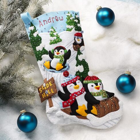 Bucilla Felt Applique Stocking Kit, Penguins at Play 18" Felt Applique Stocking Making Kit, Perfect for DIY Needlepoint Arts and Crafts, 89481E , White in Saudi Arabia