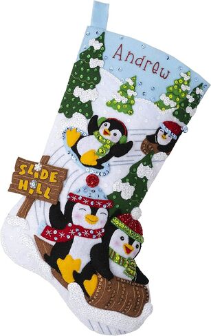 Bucilla Felt Applique Stocking Kit, Penguins at Play 18" Felt Applique Stocking Making Kit, Perfect for DIY Needlepoint Arts and Crafts, 89481E , White in Saudi Arabia