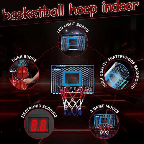 Over The Door Basketball Hoop Indoor, LED Light Mini Basketball Hoop with Electronic Scoreboard,3 Game Modes, Door Basketball Hoop for Kids Indoor- Toys Gifts for Age 5 6 7 8 9 10 11 12 Year Old in Saudi Arabia