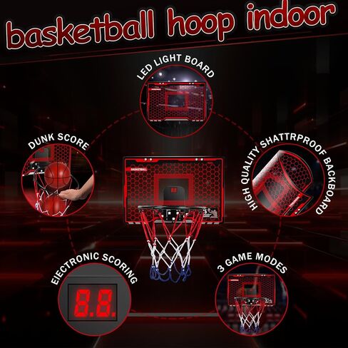 Over The Door Basketball Hoop Indoor, LED Light Mini Basketball Hoop with Electronic Scoreboard,3 Game Modes, Door Basketball Hoop for Kids Indoor- Toys Gifts for Age 5 6 7 8 9 10 11 12 Year Old in Saudi Arabia