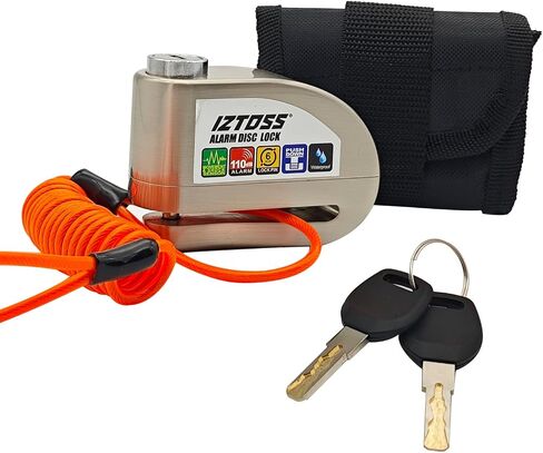 IZTOSS Motorcycle Alarm Disc Lock 110 dB Disc Brake Lock Waterproof Anti-Theft Guard Shock Sensor with Reminder Cable and Carrying Bag for Motorcycles Bikes Scooters. (Silver) in Saudi Arabia
