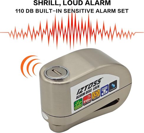 IZTOSS Motorcycle Alarm Disc Lock 110 dB Disc Brake Lock Waterproof Anti-Theft Guard Shock Sensor with Reminder Cable and Carrying Bag for Motorcycles Bikes Scooters. (Silver) in Saudi Arabia