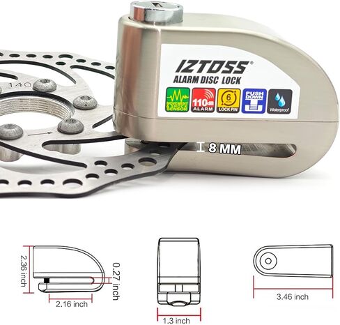 IZTOSS Motorcycle Alarm Disc Lock 110 dB Disc Brake Lock Waterproof Anti-Theft Guard Shock Sensor with Reminder Cable and Carrying Bag for Motorcycles Bikes Scooters. (Silver) in Saudi Arabia