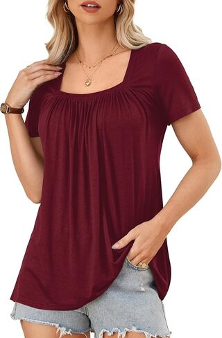 Amoretu Women Summer Tunic Tops Short Sleeve Square Neck Shirts Pleated Loose Fit Tee Blouse in Kuwait
