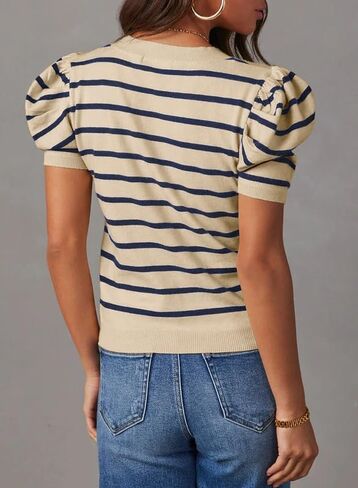 Dokotoo Women's Short Puff Sleeve Knit Tops 2024 Trendy Crewneck Striped T Shirts Casual Summer Blouses in Saudi Arabia