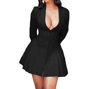CORIRESHA Women's Elegant Deep V-Neck Long Sleeve Button Pleated Mini Blazer Dress in Saudi Arabia