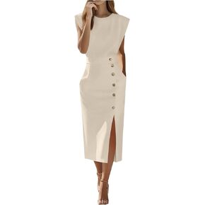 Women Cap Sleeve Midi Dress Side Split Round Neck Business عرض عارض in Kuwait